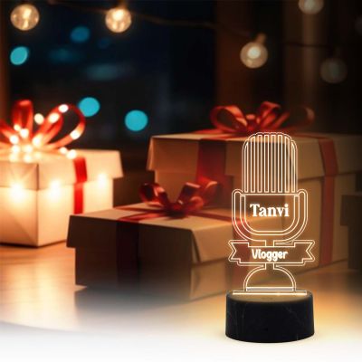 3D Illusion Vlogger Microphone Design Night Lamp with Warm White Light Customized with Name Gift For Kid